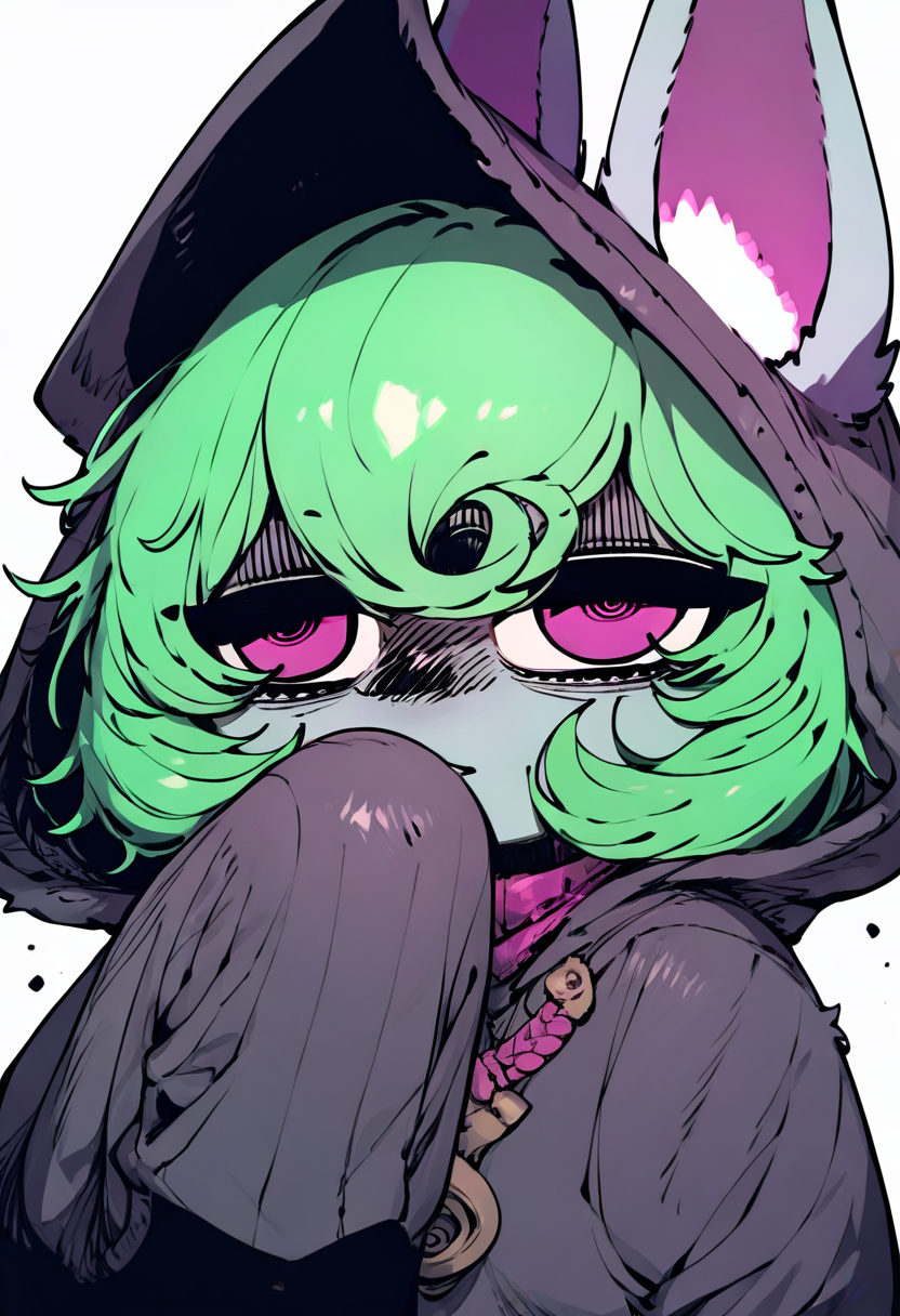 score_9, score_8_up, score_7_up, score_6_up, <lora:SSAMBAteaXL_P6_lokr_V53P1:0.95> 1girl, hood, green hair, yordle, ears through headwear, pink eyes, solo, animal ears, sleeves past wrists, hood up, sleeves past fingers, jitome, bangs, hand up, long sleeves, looking at viewer