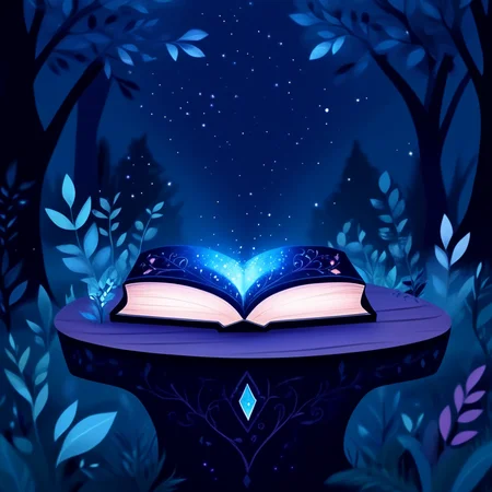 ArsMJStyle, Flat Cartoon Illustration, The image shows an open book sitting on top of a table in the woods surrounded by trees and plants. The book is illuminated by a soft light giving it a magical and ethereal feel., no humans, tree, book, star (sky), sky, night, crystal, outdoors, flower, still life