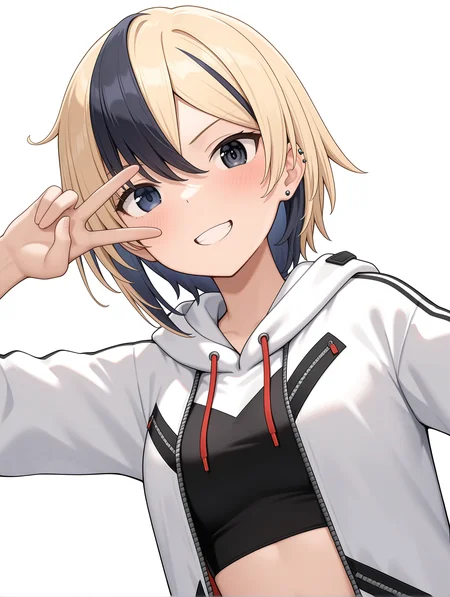 masterpiece,best quality,newest,
1girl,solo,
<lora:Tatsumi_Ryuko_ilxl_v1.0:1>,t_ryuko,short hair,black eyes,blonde hair,black hair,multicolored hair,ear piercing,
c_n,white hooded jacket,open jacket,jacket,midriff,
<lora:Fixhands_anime_bdsqlsz_V1:1>,dynamic_angle,cinematic_angle,simple_background,white_background,face_focus,grin,light_blush,looking_at_viewer,smile,embarrass,v over eye,upper_body,