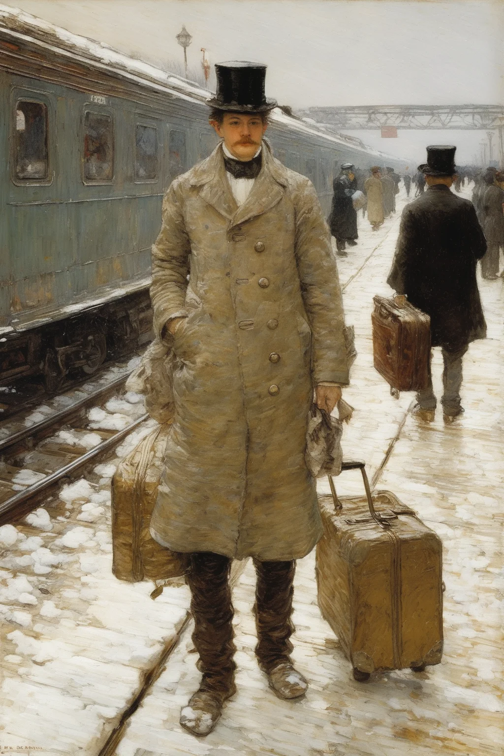 Jules Bastien-Lepage Style - Childe Hassam, champagne,soft,sunny and gentle, train station snow Carrying a luggage bag
