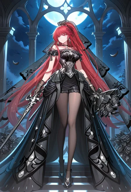 (masterpiece), best quality, amazing quality, very aesthetic, absurdres, newest, 1girl, solo, phantom saber red hair, red eyes, ponytail, veil, earrings, choker, black dress, black gloves, black pantyhose, black shoes, black flower, holding bouquet, sword, holding sword, night, cloud, full body