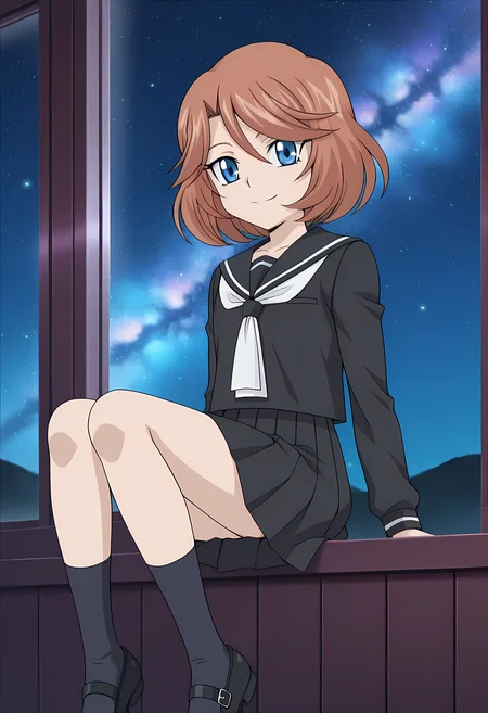 masterpiece,best quality,amazing quality,
1girl, solo, face focus,
Emi Sendou (Cardfight Vanguard), short hair, brown hair, blue eyes, school uniform, black serafuku, black skirt, pleated skirt, white neckerchief, long sleeves, pleated skirt, black footwear, mary janes,
looking at viewer, smile,
cinematic,
Sit, leaning back, with two arms, ,
bloom, night, at mountain, galaxy sky,
Official style, anime screencap, anime coloring,