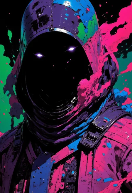 A close-up nistyle, monochrome manga sketch, A Closeup Portrait of an DARK badass cowboy sheriff, extreme Closeup of His Face - shrouded in mystery. He wears a, tattered high collar coat in a mesmerizing blend of vibrant colors, including neon pink, blue, green, and purple, which create an otherworldly, glowing effect. The fabric seems to blend seamlessly with the natural environment, as if it's a part of the sky. Hyperdetailed badass Closeup, hyperdetailed, deadly Gaze, mouth obscured by the coats high collar,