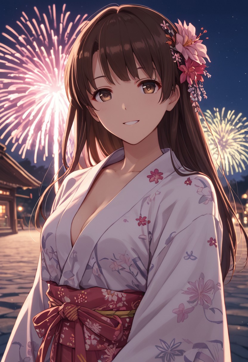 score_9, score_8_up, score_8, score_7_up, source_anime, 
1girl, katou megumi, Megumi <lora:KatoMegumi:1>,brown hair,katou megumi,brown eyes, medium breasts , long hair,   masterpiece, best quality, traditional Japanese festival theme, night background with glowing lanterns, wearing a floral yukata (navy with pink cherry blossoms), surrounded by bustling festival stalls, warm glowing lights, soft smile, hair styled with a delicate flower accessory, wind gently moving the yukata fabric, fireworks lighting up the sky, vibrant colors, mid-shot perspective, festive and lively atmosphere