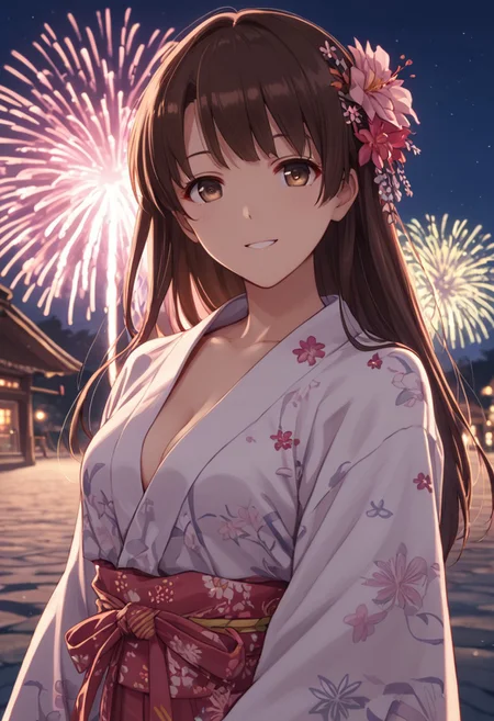score_9, score_8_up, score_8, score_7_up, source_anime,
1girl, katou megumi, Megumi <lora:KatoMegumi:1>,brown hair,katou megumi,brown eyes, medium breasts , long hair, masterpiece, best quality, traditional Japanese festival theme, night background with glowing lanterns, wearing a floral yukata (navy with pink cherry blossoms), surrounded by bustling festival stalls, warm glowing lights, soft smile, hair styled with a delicate flower accessory, wind gently moving the yukata fabric, fireworks lighting up the sky, vibrant colors, mid-shot perspective, festive and lively atmosphere