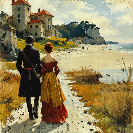 painting of a man and woman taking a walk in the beach on a nice sunny fall day  <lora:tbh104-sdxl:1> style of Edwin Austin Abbey