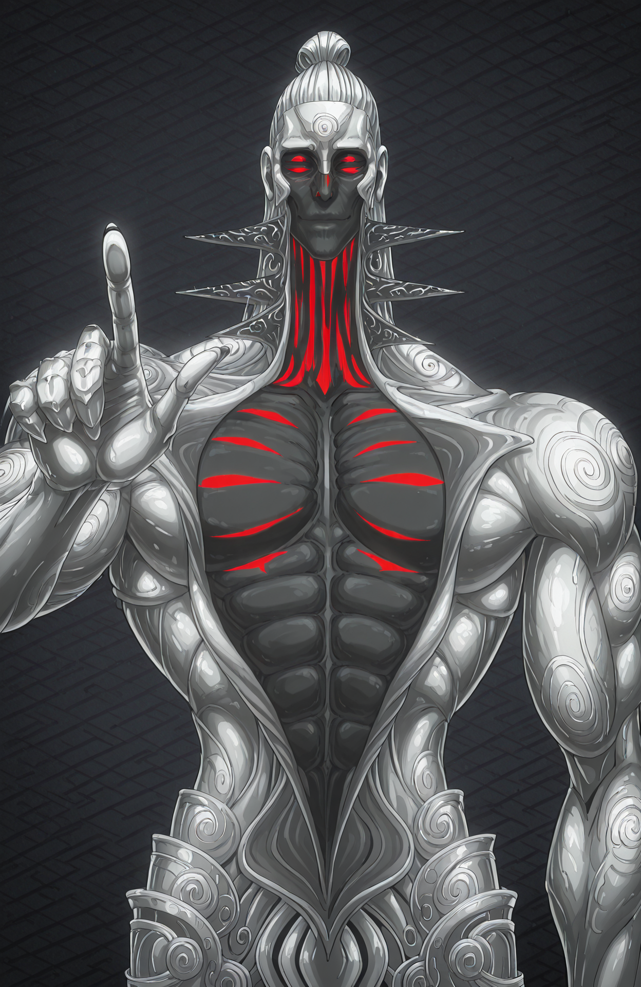 <lora:[Char - IL] Asura's Wrath - Chakravartin (R1E16):1> aw_chakravartin,
upper body,
humanoid, silver body, muscular male,
straight-on,
pointing up, raised hand, raised arm, arm at side
abstract background, geometric background, color contrast,
anime style, anime coloring,