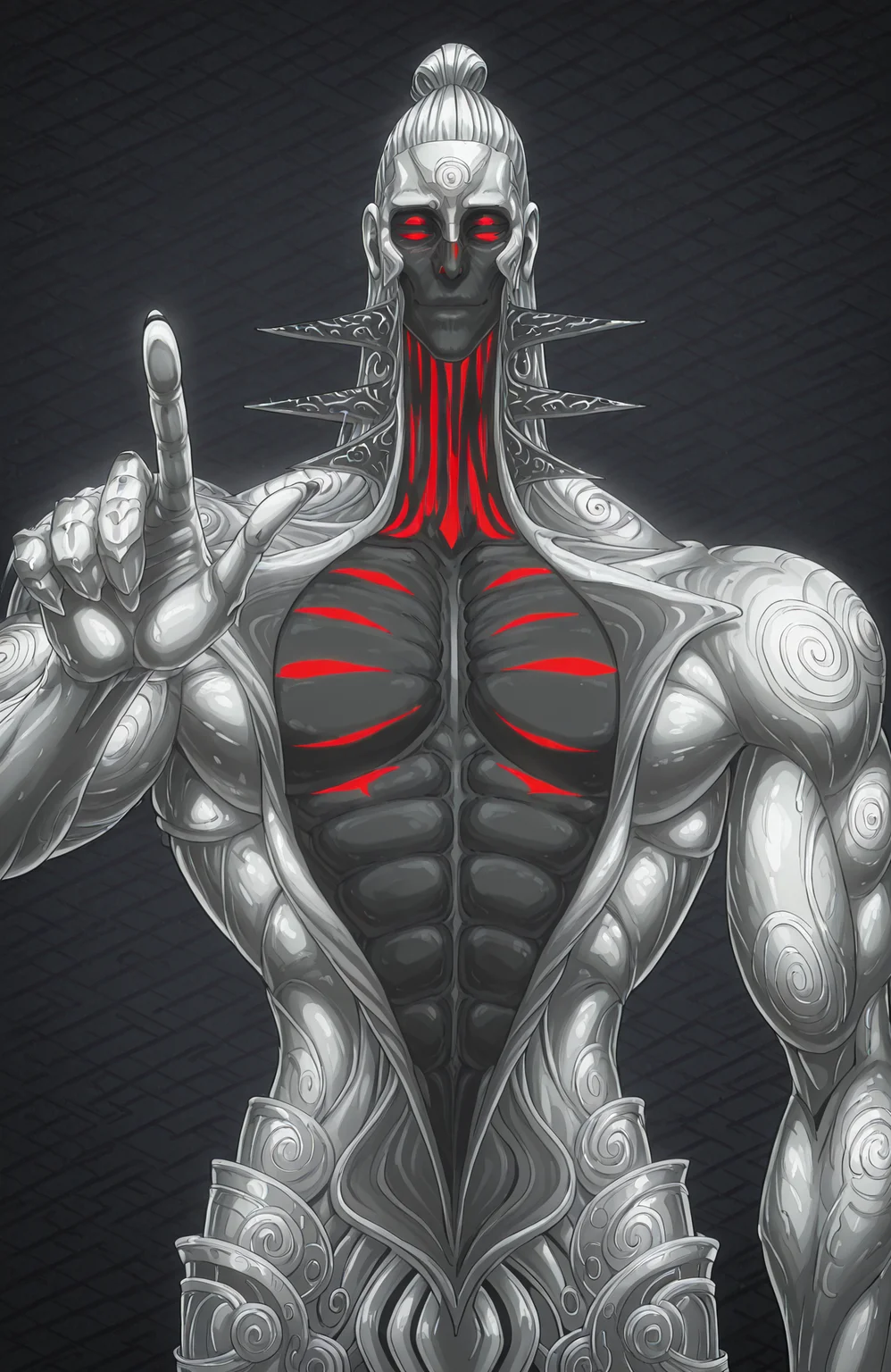 <lora:[Char - IL] Asura's Wrath - Chakravartin (R1E16):1> aw_chakravartin,
upper body,
humanoid, silver body, muscular male,
straight-on,
pointing up, raised hand, raised arm, arm at side
abstract background, geometric background, color contrast,
anime style, anime coloring,