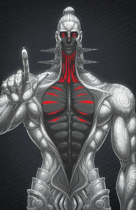 <lora:[Char - IL] Asura's Wrath - Chakravartin (R1E16):1> aw_chakravartin,
upper body,
humanoid, silver body, muscular male,
straight-on,
pointing up, raised hand, raised arm, arm at side
abstract background, geometric background, color contrast,
anime style, anime coloring,