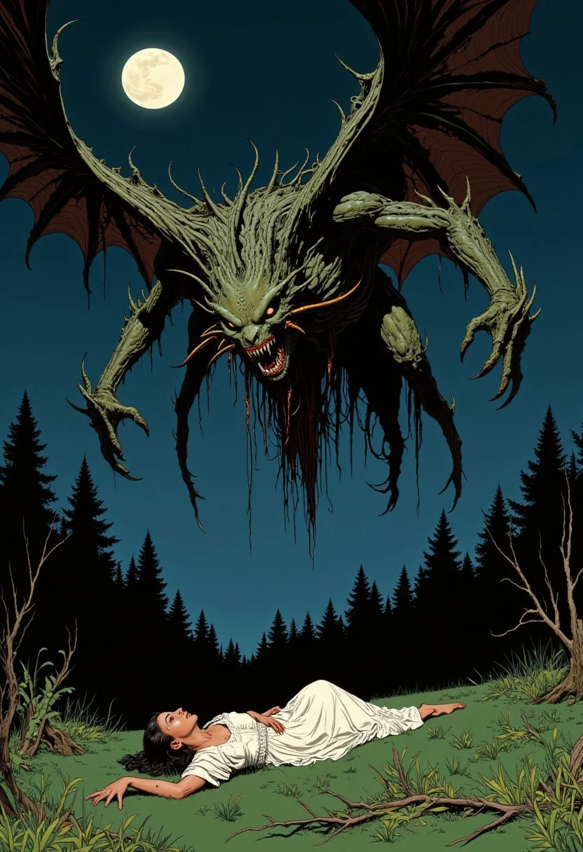 A nasty, vile creature with multiple sets of bat-like wings hovers in the air like some kind of horrific nightmare. Its long spindly arms end in razor sharp talons. Its gaping maw is filled with needle-like teeth dripping with venom. It's skin looks scaly, and somehow slimy at the same time. It looks down with glee at its victim on the grass below. She is terrified, laying on the ground, in her soaking wet nightgown. The dark, malevolent forest in the background is the home to this creature. The full moon and cloudless sky illuminate the scene, adding to the tension and horror.