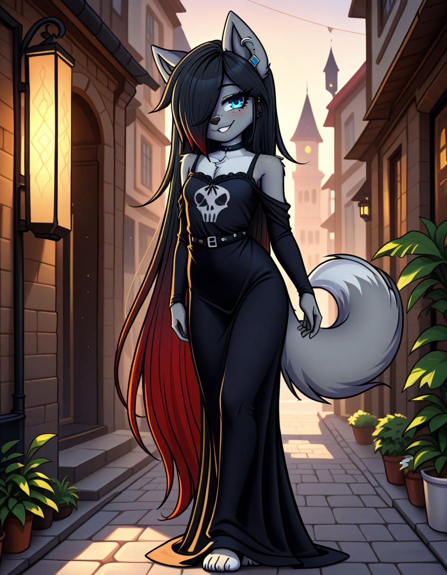 masterpiece, best quality, very aesthetic, absurdres,
outdoors,
full body, standing, posing, 
goth fashion, 
 seductive smile, parted lips, long eyelashes,
<lora:Kayla_Kitsune_v01_NAIXL:1>
K41l4,1girl,solo,furry,furry female,very long hair,multicolored hair,black hair,red hair,gradient hair,hair over one eye,animal ears,earrings,blue eyes,freckles,snout,animal nose,choker,body fur,wolf tail,