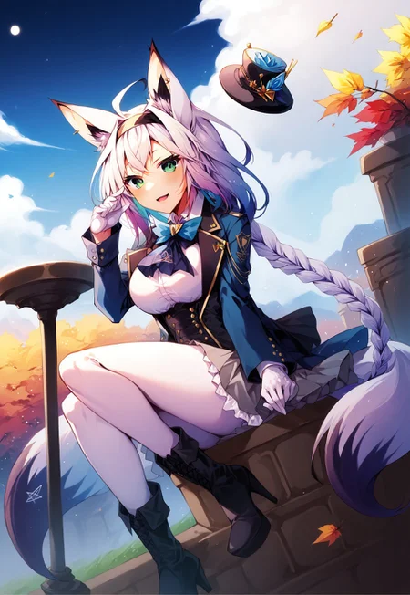 safe_pos, safe_pos, safe_pos, safe_pos, safe_pos, safe_pos, score_9, score_8_up, score_7_up, score_6_up, masterpiece, source_anime, high quality, perfect face, detailed eyes, perfecteyes, perfect balance, detailed face, perfect lighting, detailed background, uncensored, newest, absurdres, highres, very aesthetic, outdoor, balcony, grass sky, clouds, autumn, night,
uncensored,
fubuki, white hair, single side braid, ahoge, piercing, fox tail,
fubuki_elegant, braided ponytail, blue coat, blue ascot, corset, collared shirt, grey skirt, frilled skirt, white pantyhose, white gloves, mini top hat, hairband, blue rose, white hair, piercing, fox tail,
1girl, solo, open mouth, smile, large breasts, pleasured, full body, long legs, larger female, tall female, looking at viewer, long calves, long legs, thin thighs, tall_girl,long_legs, boots, long boots, lace-up boots, leather boots, heeled boots, sitting, half closed eyes, naughty face, multicolored hair, low angle