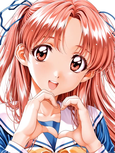 masterpiece,best quality,newest,
1girl,solo,
retro artstyle,<lora:sawatari_honoka_ilxlv1.5:1>,s_honoka,pink hair,hair ribbon,two side up,long hair,brown eyes,
h_clothes,long sleeves,white sailor,blue clothes,yellow bowtie,
<lora:Fixhands_anime_bdsqlsz_V1:1>,
<lora:Fixhands_anime_bdsqlsz_V1:1>,white_background,simple_background,upper_body,standing,floating hair,face_focus,portrait,laughing,heart hands,