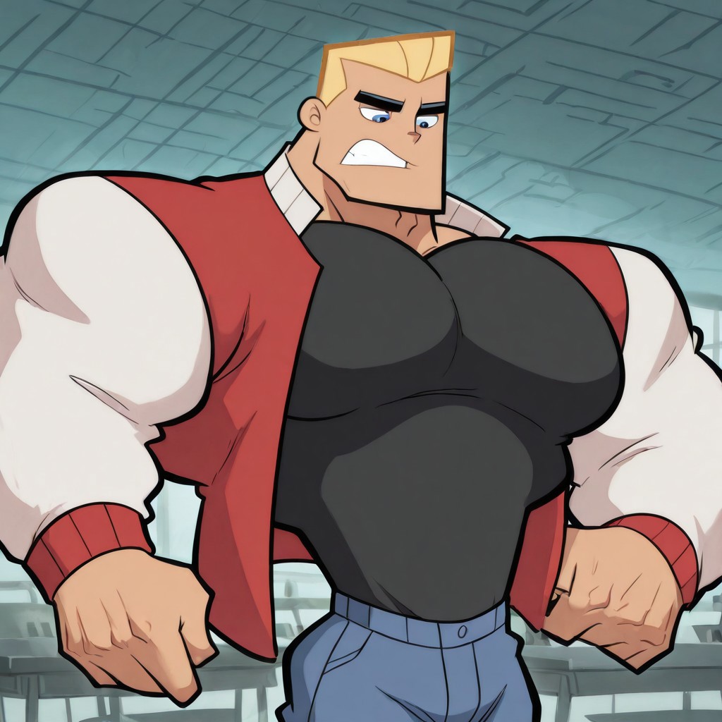 masterpiece, best quality, absurdres, newest, perfect quality, detailed background, intricate details, anime, (((1boy, Dash Baxter, blonde angular hair, thick black eyebrows, black shirt, blue eyes))), extremely muscular, musk, red letterman jacket with white collar, human, male, 20 years old, hungry, thin waist, detailed muscle anatomy, cafeteria background