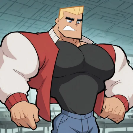 masterpiece, best quality, absurdres, newest, perfect quality, detailed background, intricate details, anime, (((1boy, Dash Baxter, blonde angular hair, thick black eyebrows, black shirt, blue eyes))), extremely muscular, musk, red letterman jacket with white collar, human, male, 20 years old, hungry, thin waist, detailed muscle anatomy, cafeteria background