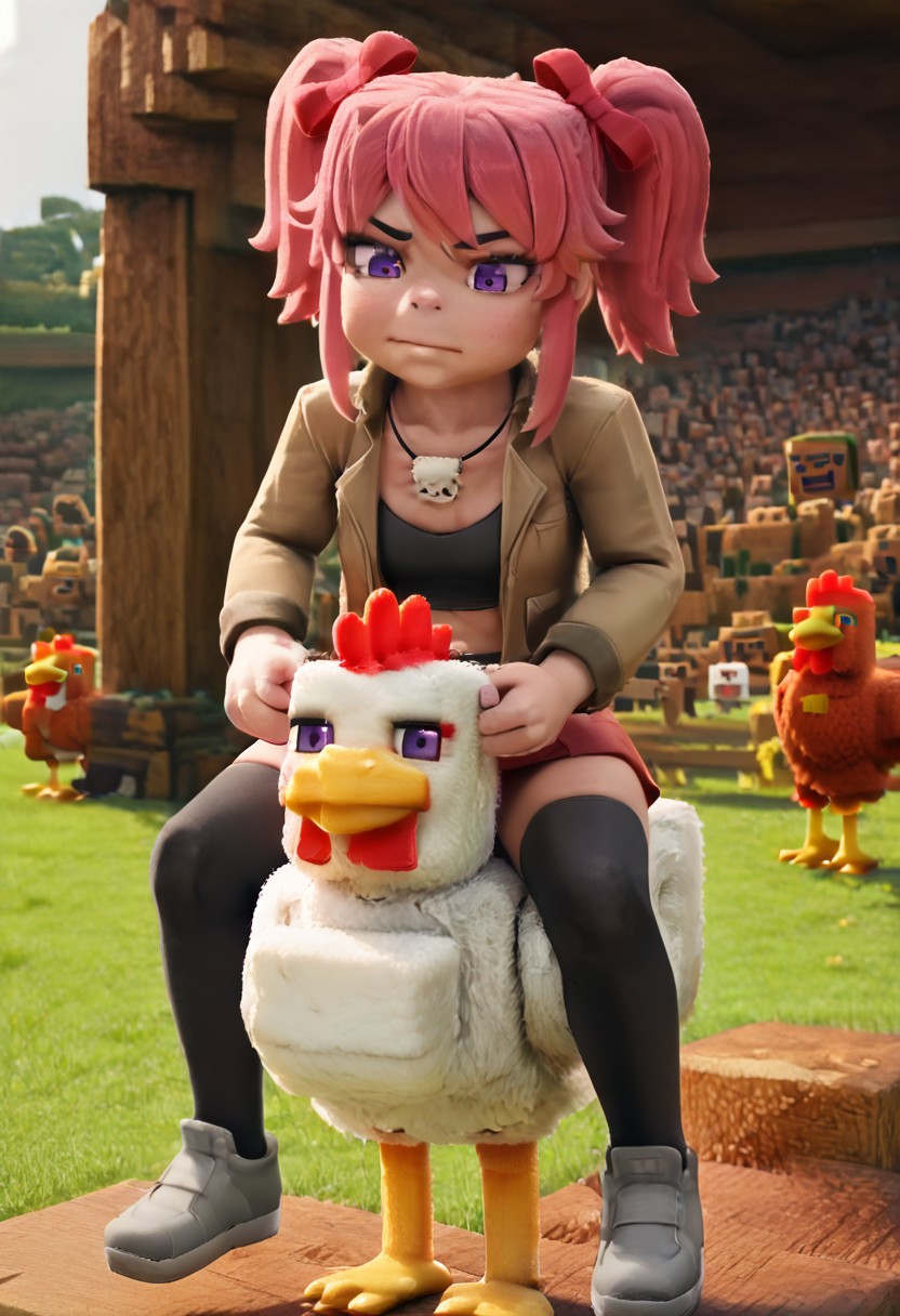 masterpiece,best quality, MCMCG_V1.0-IL, cgi, 3D, 1girl, solo, mikus-concept, minecraft chicken, riding, chicken jockey, sitting, white background, square body, square head, Saiko Bichitaru, Pink Hair, Purple Eyes, pigtails, red ribbons,brown jacket, black croptop, red skirt, skull necklace, black thighhighs, grey shoes, black eyed chicken