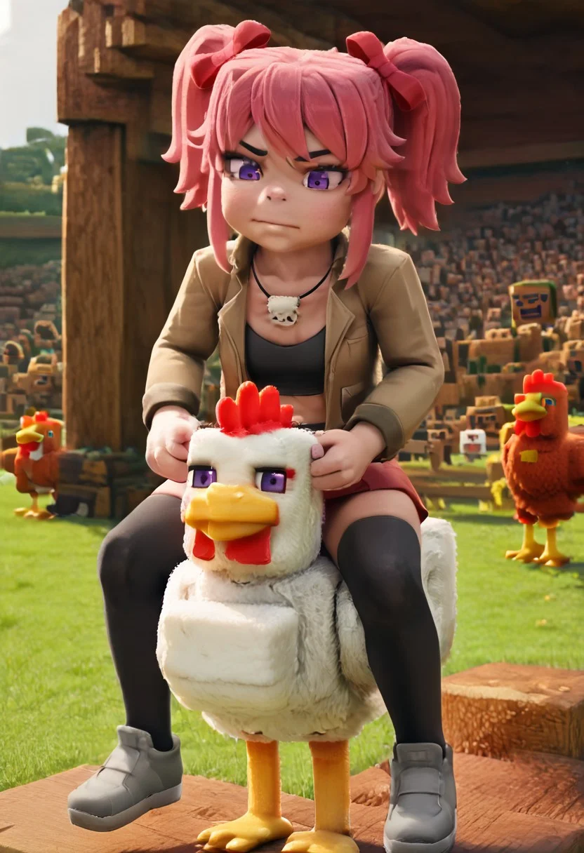 masterpiece,best quality, MCMCG_V1.0-IL, cgi, 3D, 1girl, solo, mikus-concept, minecraft chicken, riding, chicken jockey, sitting, white background, square body, square head, Saiko Bichitaru, Pink Hair, Purple Eyes, pigtails, red ribbons,brown jacket, black croptop, red skirt, skull necklace, black thighhighs, grey shoes, black eyed chicken