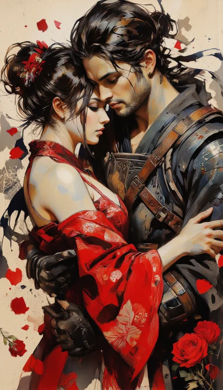 This is a highly detailed digital illustration featuring two characters in a romantic embrace. The artwork is rendered in a realistic, painterly style with a focus on intricate textures and vibrant colors. The characters are a man and a woman, both of East Asian descent, with long, flowing black hair and fair skin.
The man, positioned on the left, has a rugged appearance with a strong jawline and a well-groomed beard. His hair is tied back, and he wears a dark, medieval-style armor with intricate detailing and a leather strap across his shoulder. His eyes are closed, and his expression is one of deep contentment.
The woman, positioned on the right, has a delicate and ethereal beauty. She wears a luxurious red kimono adorned with intricate patterns and a high collar. Her hair is styled in an elegant updo, with loose strands framing her face. Her eyes are closed, and she rests her head gently on the man's chest.
Surrounding them are vibrant red roses, scattered and blooming, adding a romantic and passionate element to the scene. The background is a soft, neutral beige, which makes the characters and the red roses stand out prominently. The overall mood of the image is intimate and serene, capturing a moment of tender intimacy.