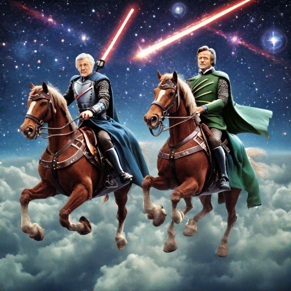 (Dr. Who, Time Lord, Jon Pertwee era). with (Brigadier Lethbridge-Stewart in knight's plate-mail armor). and (Sarah Jane Smith). all riding Clydesdale horses across the ((Scottish countryside)) (while eating cookies or drinking tea). early 70's style. dissolving into an alien dimension of time & outer space, swirling & melting much like the (Dr. Who intro).  explosive confrontation, galactic standoff with (The Master)  extra legs are fine