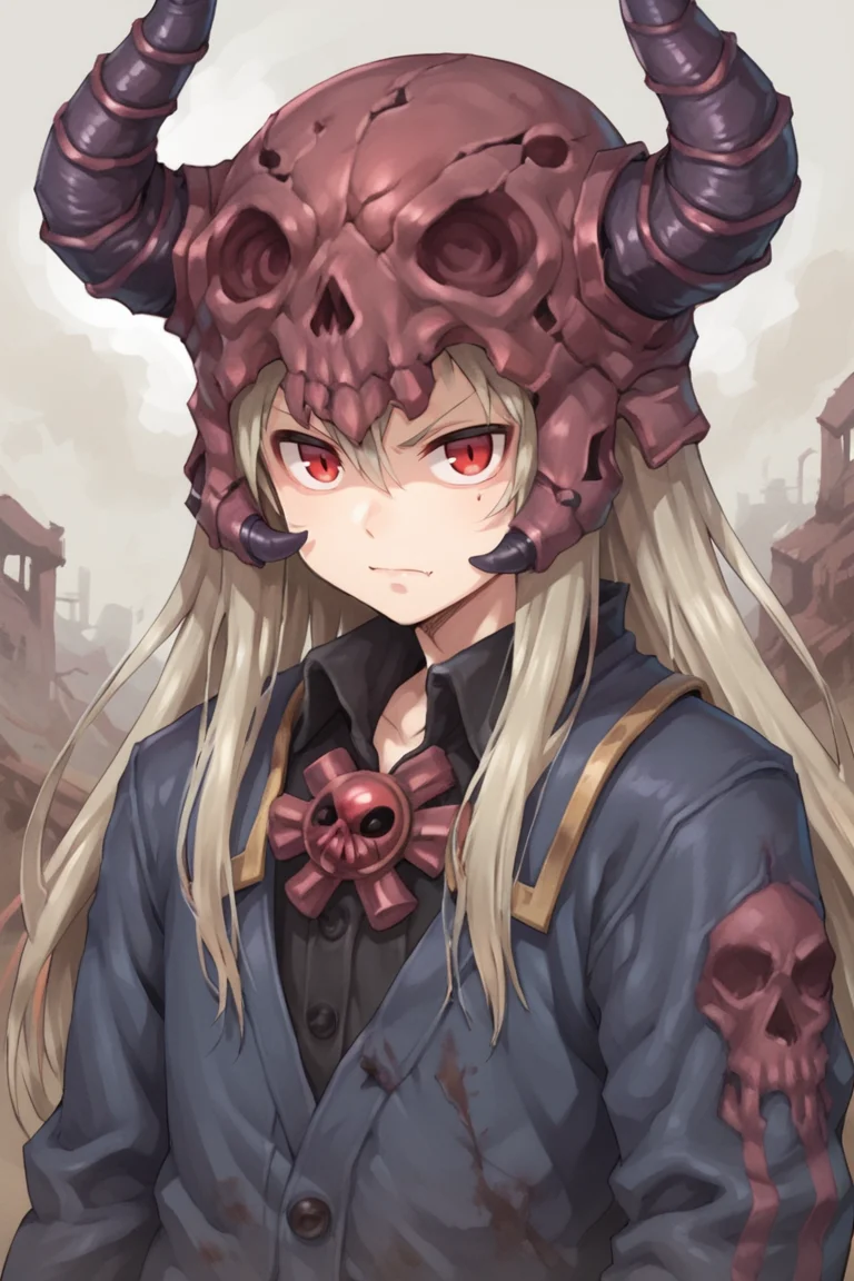 (score_9, score_8_up, score_7_up, score_6_up), source anime, BREAK, <lora:Necromancer:0.8> , necdef, 1boy, red eyes, long hair, grey hair, horned helmet, (skull brooch), robe, looking at viewer, solo, serious, (portrait), close-up, <lora:zy_Detailed_Backgrounds_v1:0.3> , detailed background, highly detailed, outdoors, wasteland, <lora:01lXLP:0.5> , 01l,