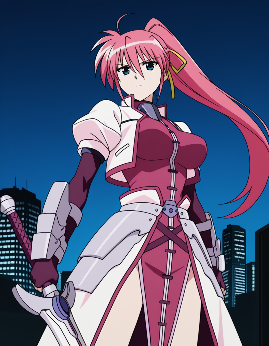 signum,magical girl,blue eyes,pink hair,ponytail,long hair,ahoge,yellow hair ribbon,open jacket,cropped jacket,gauntlets,armor,fingerless gloves,waist cape,
weapon,sword,Holding a weapon in hand, gripping sword,aiming a Longsword at viewer,prepare a sword,
night,city,sky,
looking at viewer,
medium large breasts,
perky breasts,explicit,hair between eyes,best quality,very aesthetic,absurdres,16k,intricate detail,amazing quality,(bold:3.12),thick outline,black outline,harsh lines,soft lines,deluster,boldline,curvy,serious,slim,
(anime screencap),(anime coloring:1.2), animated painting, animated gif,2d cel anime,anime cap,anime,anime style,anime cel,Cel shading,cel shaded,soft brightness,perfect face,perfect nose, perfect hair, perfect eyes,perfect female body,perfect skin,a face of perfect proportion,perfect lighting,perfect anatomy,perfect proportion,perfect hands,perfect legs,perfect fingers,masterpiece,super fine illustration,detailed linework,vibrant colors,kawaii,flat color,
 <lora:é­æ³å°å¥³ãªãªã«ã«ãªã®ã¯ã·ã°ãã illustriousMagical_Girl_Lyrical_NANOHASignumillustrious:1:0.8>