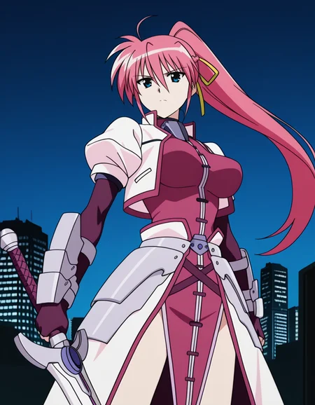 signum,magical girl,blue eyes,pink hair,ponytail,long hair,ahoge,yellow hair ribbon,open jacket,cropped jacket,gauntlets,armor,fingerless gloves,waist cape,
weapon,sword,Holding a weapon in hand, gripping sword,aiming a Longsword at viewer,prepare a sword,
night,city,sky,
looking at viewer,
medium large breasts,
perky breasts,explicit,hair between eyes,best quality,very aesthetic,absurdres,16k,intricate detail,amazing quality,(bold:3.12),thick outline,black outline,harsh lines,soft lines,deluster,boldline,curvy,serious,slim,
(anime screencap),(anime coloring:1.2), animated painting, animated gif,2d cel anime,anime cap,anime,anime style,anime cel,Cel shading,cel shaded,soft brightness,perfect face,perfect nose, perfect hair, perfect eyes,perfect female body,perfect skin,a face of perfect proportion,perfect lighting,perfect anatomy,perfect proportion,perfect hands,perfect legs,perfect fingers,masterpiece,super fine illustration,detailed linework,vibrant colors,kawaii,flat color,
<lora:éæ³å°å¥³ãªãªã«ã«ãªã®ã¯ã·ã°ãã illustriousMagical_Girl_Lyrical_NANOHASignumillustrious:1:0.8>
