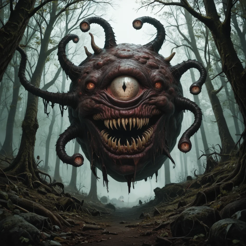 Horror-themed score_9_up, score_8_up, score_7_up, beholders, bhv2, a beholder, wings, tentacles, eyes on tentacle tips, sharp fangs, wide mouth, floating, in a dark forest, withered vegetation, dead trees <lora:beholdersv1-pony:1> . Eerie, unsettling, dark, spooky, suspenseful, grim, highly detailed