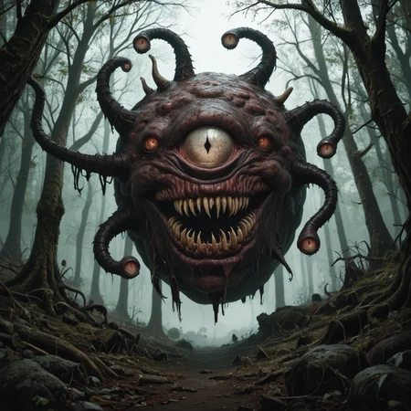 Horror-themed score_9_up, score_8_up, score_7_up, beholders, bhv2, a beholder, wings, tentacles, eyes on tentacle tips, sharp fangs, wide mouth, floating, in a dark forest, withered vegetation, dead trees <lora:beholdersv1-pony:1> . Eerie, unsettling, dark, spooky, suspenseful, grim, highly detailed