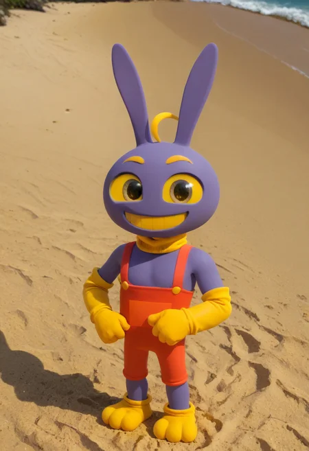 JaxTADC, solo, gloves, 1boy, animal ears, standing, upper body, portrait, toes, animal ears, rabbit ears, suspenders, chibi, male focus, human:1.9, hot yellow turtleneck, hot yellow gloves, yellow sclera, colored sclera, Hot yellow eyes, yellow teeth, rabbit feet, Hot yellow cornea, Hot yellow ahoge, beach