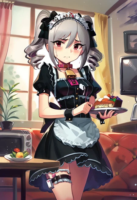 cad, idol clothes, 1eggvibrator, collar, cowbell on collar, plate, carrying silver platter ,silver platter with food, goth,
gothic theme,
<lora:KanzakiRanko_pony_v1a:0.8>
knzkrnk, long hair, grey hair, sidelocks, twintails, drill hair, twin drills, bangs, hair between eyes, hair ornament, hair bow, red eyes, medium breasts,
black dress, glossy dress, detailed embroidery, lace trim, tiara, flower in hair, looking at viewer,
score_9, score_8_up, score_7_up, source_anime, 1girl, cute female, colorful, light particles, pink theme, inside, house, television, couch, potted plant, maid headdress,
tearing up, crying, dusting, dejected, listless, defeated, intense blushing, vibrator in thigh strap,