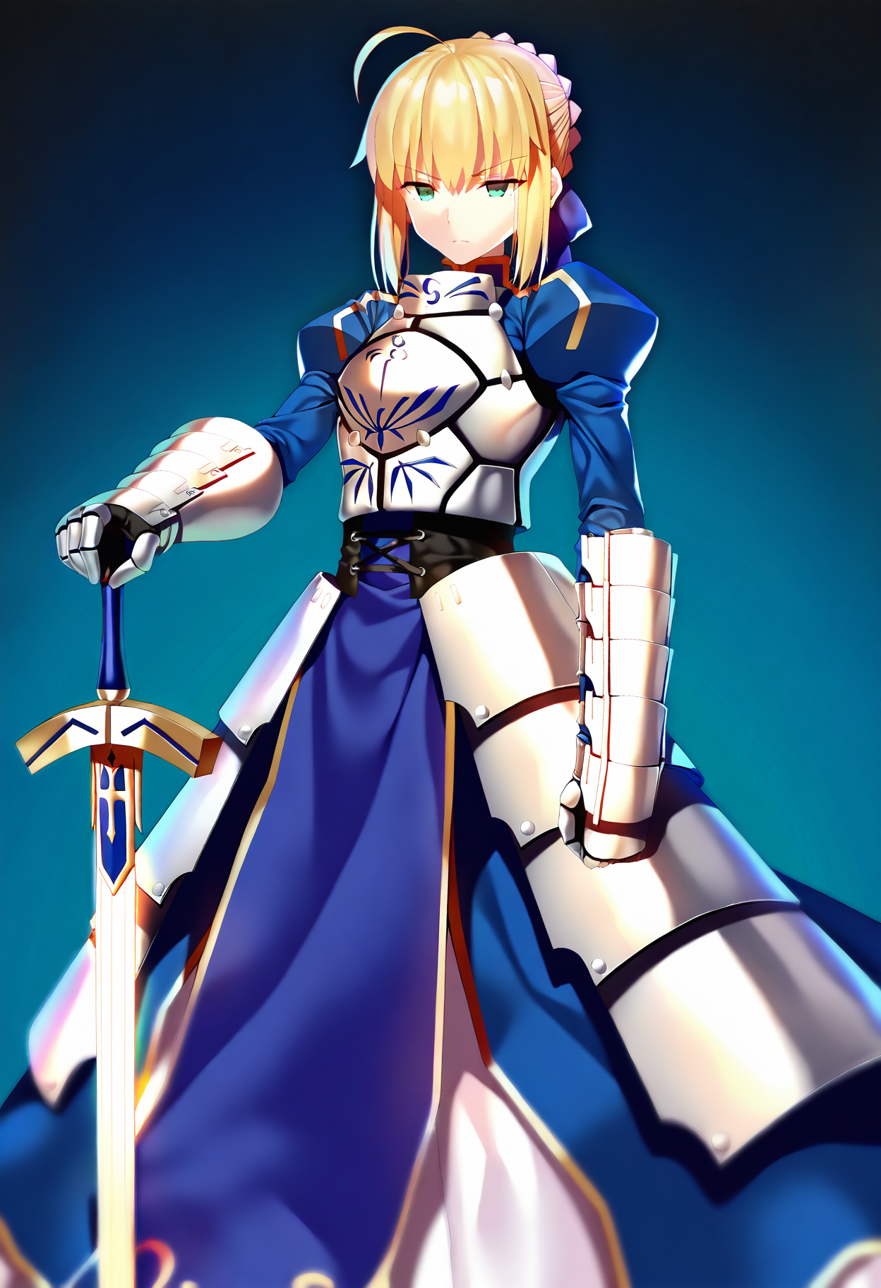 1girl,(artoria pendragon \(fate\):0.6),<lora:mx2j style locon:1>,mx2j style,armored dress,blonde hair,green eyes,ahoge,half-closed eyes,serious,standing,planted,planted sword,excalibur \(fate/stay night\),masterpiece,best quality,very aesthetic,highres,absurdres,