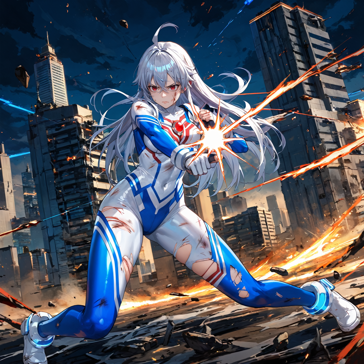 score_9, score_8_up, score_7_up, source_anime, masterpiece, best quality,
perfect anatomy, very aesthetic, absurdres, dynamic, 
cityscape, ruined building, fighting, battle, 
BREAK
1girl, full body, ultragirl, red gem on chest, white intricate bodysuit, blue red pattern, fighting stance, dodging lasers, lasers, serious, painful, damaged, injury, soiled,  
<lora:UltragirlPDXL_kohya-6re2:0.6>