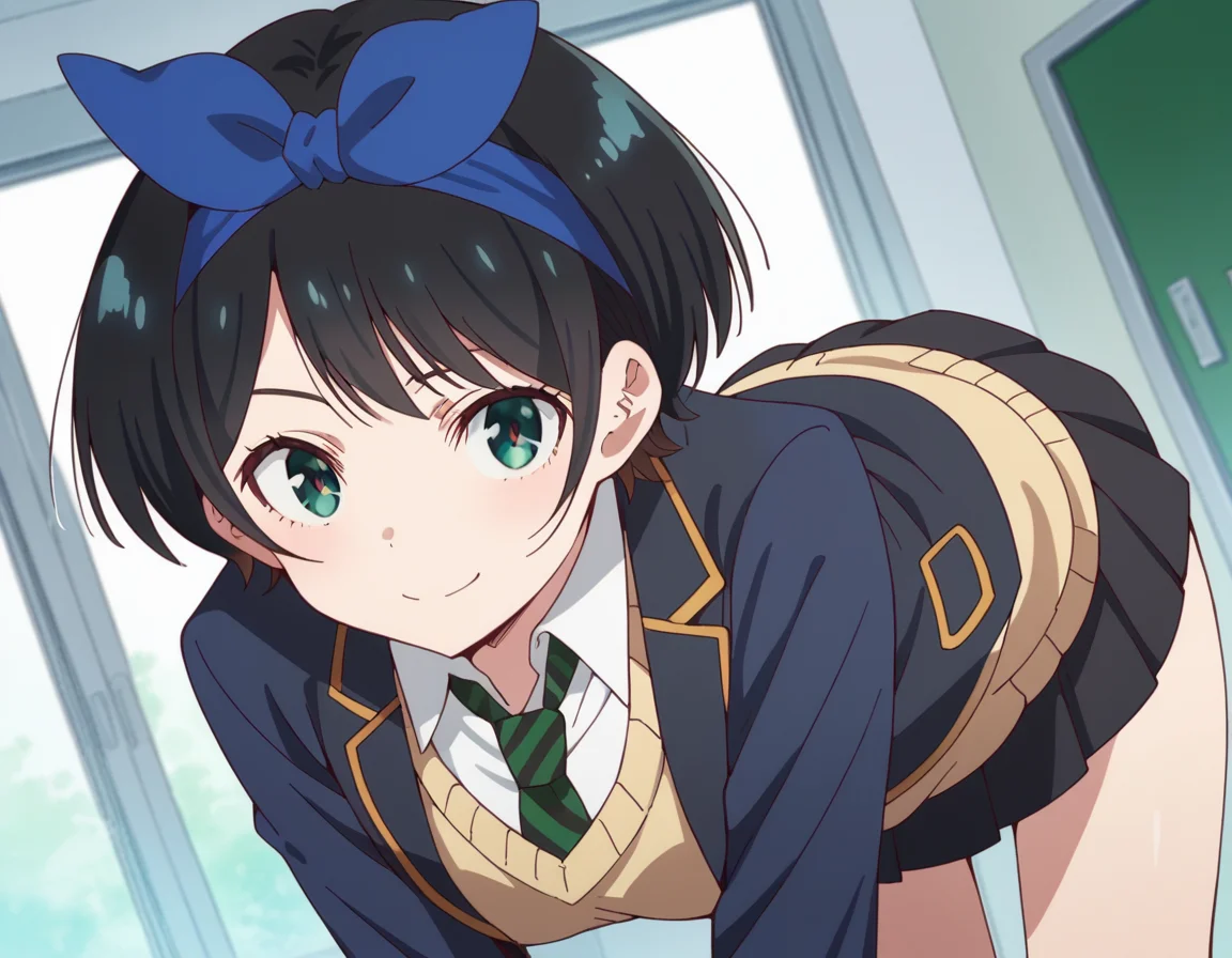 score_9, score_8_up, score_7_up, source_anime,
rukasarashina, <lora:ruka-sarashina-s1-ponyxl-lora-nochekaiser:1>,
ruka sarashina, short hair, bangs, black hair, ribbon, green eyes, hair ribbon, hairband, blue hairband,
skirt, shirt, long sleeves, school uniform, jacket, white shirt, pleated skirt, necktie, striped, black skirt, black jacket, blazer, sweater vest, striped necktie, green necktie,
indoors, bent over, smile,
looking at viewer, cowboy shot, solo, dutch angle,