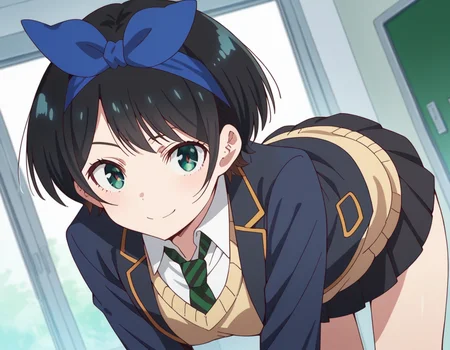 score_9, score_8_up, score_7_up, source_anime,
rukasarashina, <lora:ruka-sarashina-s1-ponyxl-lora-nochekaiser:1>,
ruka sarashina, short hair, bangs, black hair, ribbon, green eyes, hair ribbon, hairband, blue hairband,
skirt, shirt, long sleeves, school uniform, jacket, white shirt, pleated skirt, necktie, striped, black skirt, black jacket, blazer, sweater vest, striped necktie, green necktie,
indoors, bent over, smile,
looking at viewer, cowboy shot, solo, dutch angle,