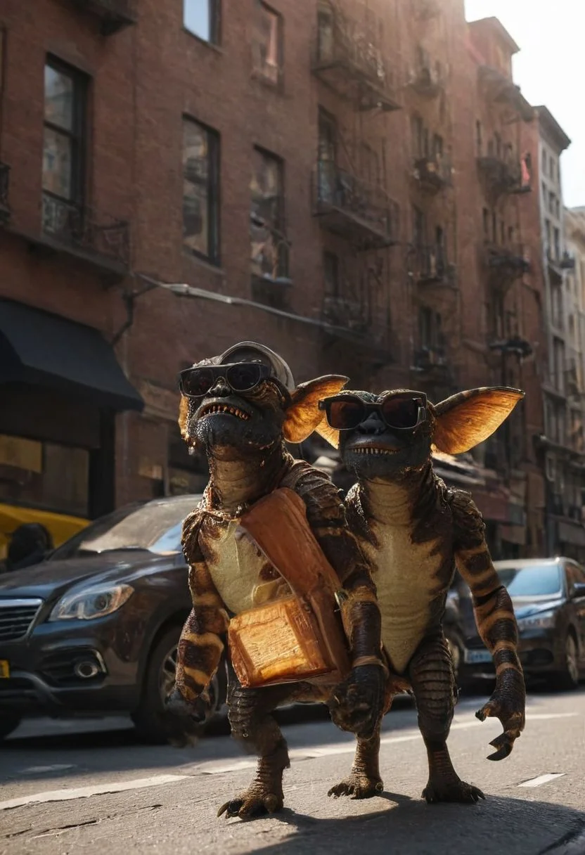 amazing quality, masterpiece, best quality, hyper detailed, ultra detailed, UHD, perfect anatomy, portrait, dof,in a street of big city, hyper-realism, majestic, awesome, inspiring, - (ogremlino,brown gavardine, sun glases , :1.0), cinematic composition, soft shadows, national geographic style,biped