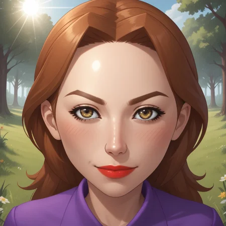 score_9, score_8, BREAK, solo, wii, mii, wii sports, 1girl, female mii, dark yellow eyes, auburn hair, dark brown eyebrows, lips, purple clothing, white pants, shoes, nintendo mii, modern_mii, classic_mii, breasts, elisa_(wii_sports), blush, sexy pose, smile, outdoors, sunlight, shadows, evening lighting, natural lighting, forest, trees, grass, orange sky, sunset