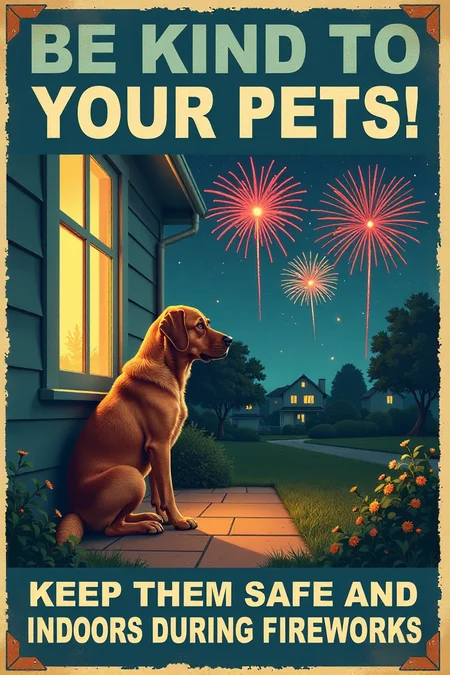 A vintage-style poster featuring a sad-looking dog cowering inside a house with closed windows, while colorful fireworks explode safely in the distance outside. The text in a gentle, blue font reads: "BE KIND TO YOUR PETS! Keep Them Safe and Indoors During Fireworks." Emphasize the importance of animal safety during celebrations. <lora:REMEs_War_Poster_Style:0.95> In REME's War Poster Style,âââ