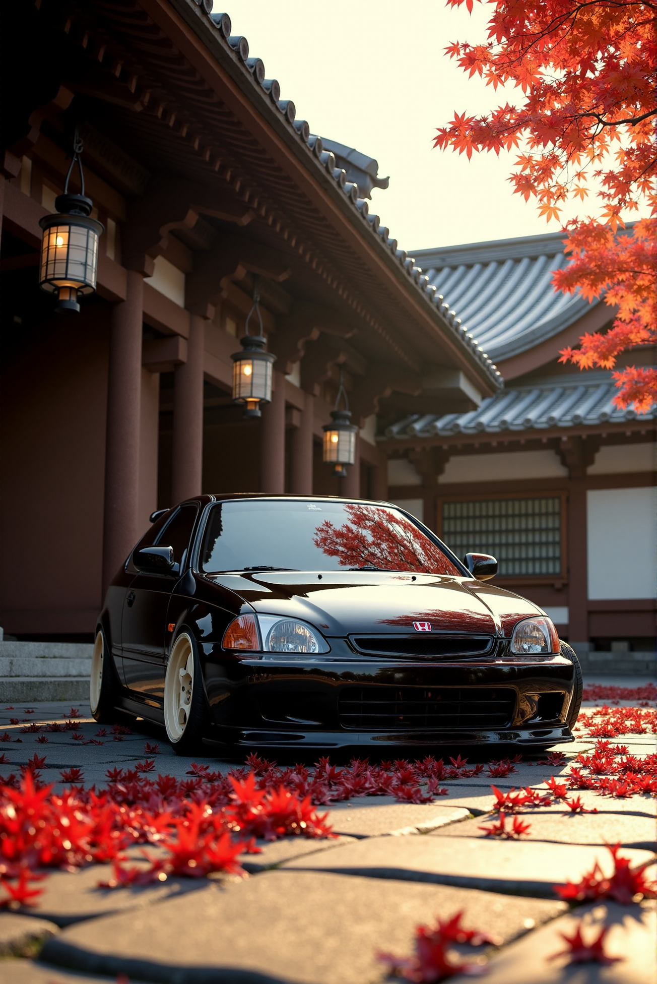 <lora:Honda_Civic_Type-R_EK9:1.0> Honda Civic Type-R EK9. 
Amidst a tranquil Japanese temple courtyard in early autumn, the (Honda Civic Type-R EK9 from '90) rests on stone tiles dusted with crimson maple leaves, its stark modern lines juxtaposed against wooden eaves and centuries-old architecture. Captured from a low side angle, framed by the curve of a torii gate and lanterns, the composition evokes harmony between manmade power and natural serenity. The lighting is soft and ambient, filtered through falling leaves and drifting incense smoke, with warm golds and deep ambers saturating the image. Styled like a fine-art still life with subtle ink wash textures and slow-shutter detail on leaf motion, the scene blends cultural reverence with refined automotive perfection.  (A mirror-like, ultra-gloss finish of the car produces vivid, sparkling glints of light across its surface:1.1).