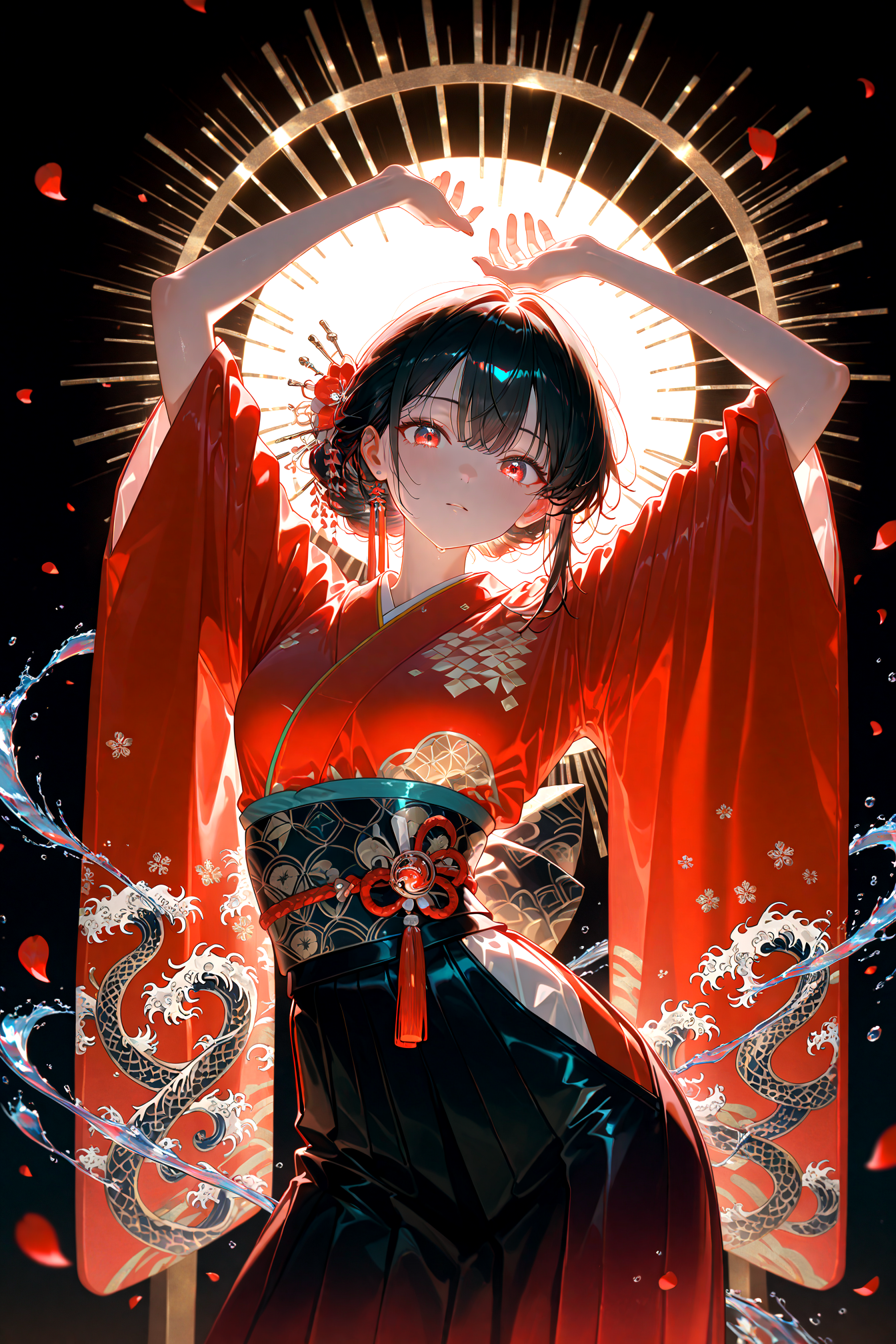 masterpiece, best quality, amazing quality, very aesthetic, absurdres,  newest,
dark background black background petals water horizon backlighting,
red kimono
standing contrapposto, outstretched_arm,arms up,  from front,close-up,upper body ,looking at viewer,(arched back:0.88)
{{best_quality}},{{amazing_quality,very_aesthetic}},
masterpiece, best quality, amazing quality, very aesthetic, absurdres,  newest, volumetric lighting, <lora:spo_sdxl_10ep_4k-data_lora_webui:1> <lora:KonyaKarasue-Lokr-NOOBEPS110:1> <lora:holographiccolor:0.85> <lora:USNR STYLE_XL_loha:0.15>