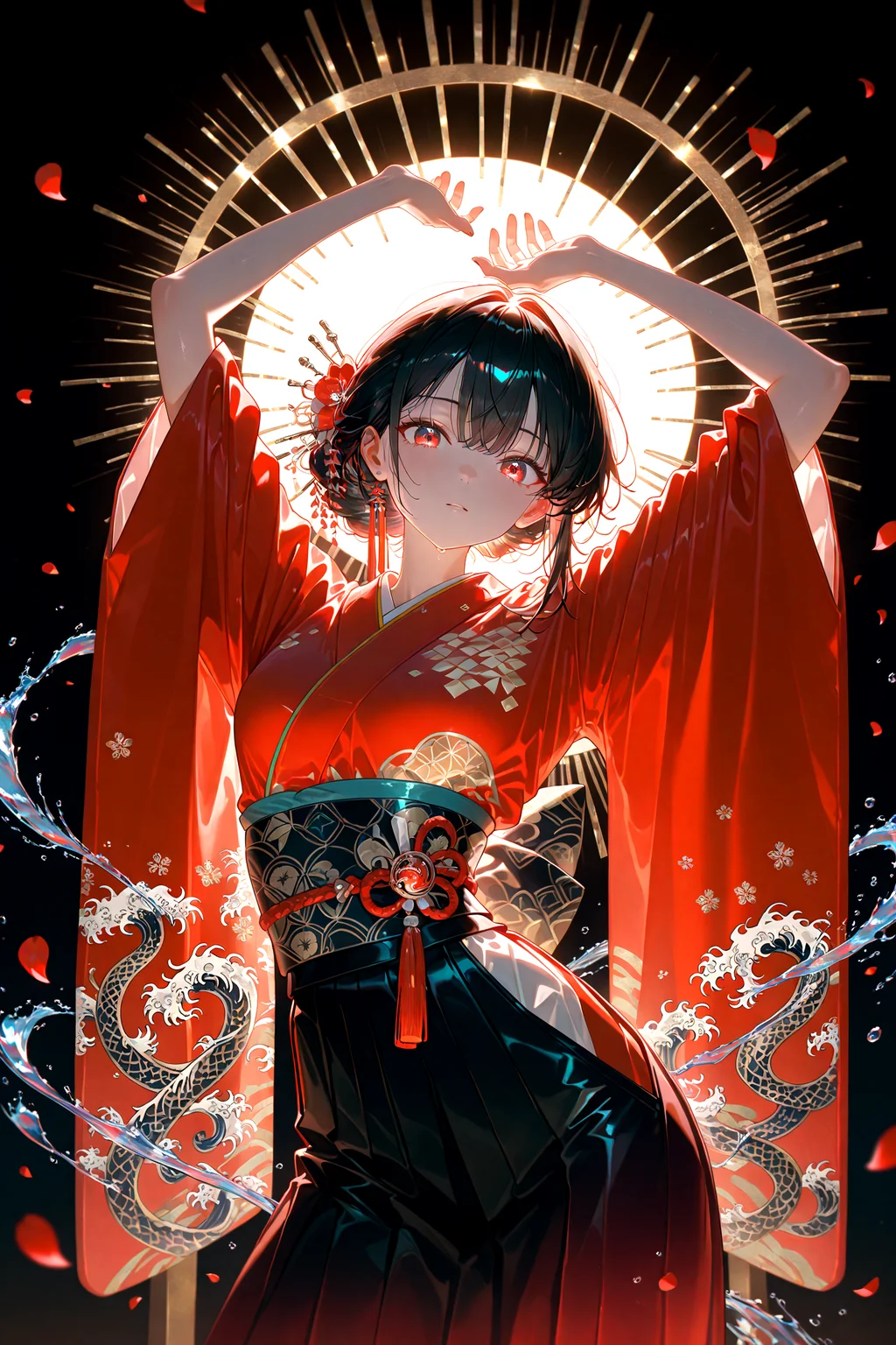 masterpiece, best quality, amazing quality, very aesthetic, absurdres, newest,
dark background black background petals water horizon backlighting,
red kimono
standing contrapposto, outstretched_arm,arms up, from front,close-up,upper body ,looking at viewer,(arched back:0.88)
{{best_quality}},{{amazing_quality,very_aesthetic}},
masterpiece, best quality, amazing quality, very aesthetic, absurdres, newest, volumetric lighting, <lora:spo_sdxl_10ep_4k-data_lora_webui:1> <lora:KonyaKarasue-Lokr-NOOBEPS110:1> <lora:holographiccolor:0.85> <lora:USNR STYLE_XL_loha:0.15>