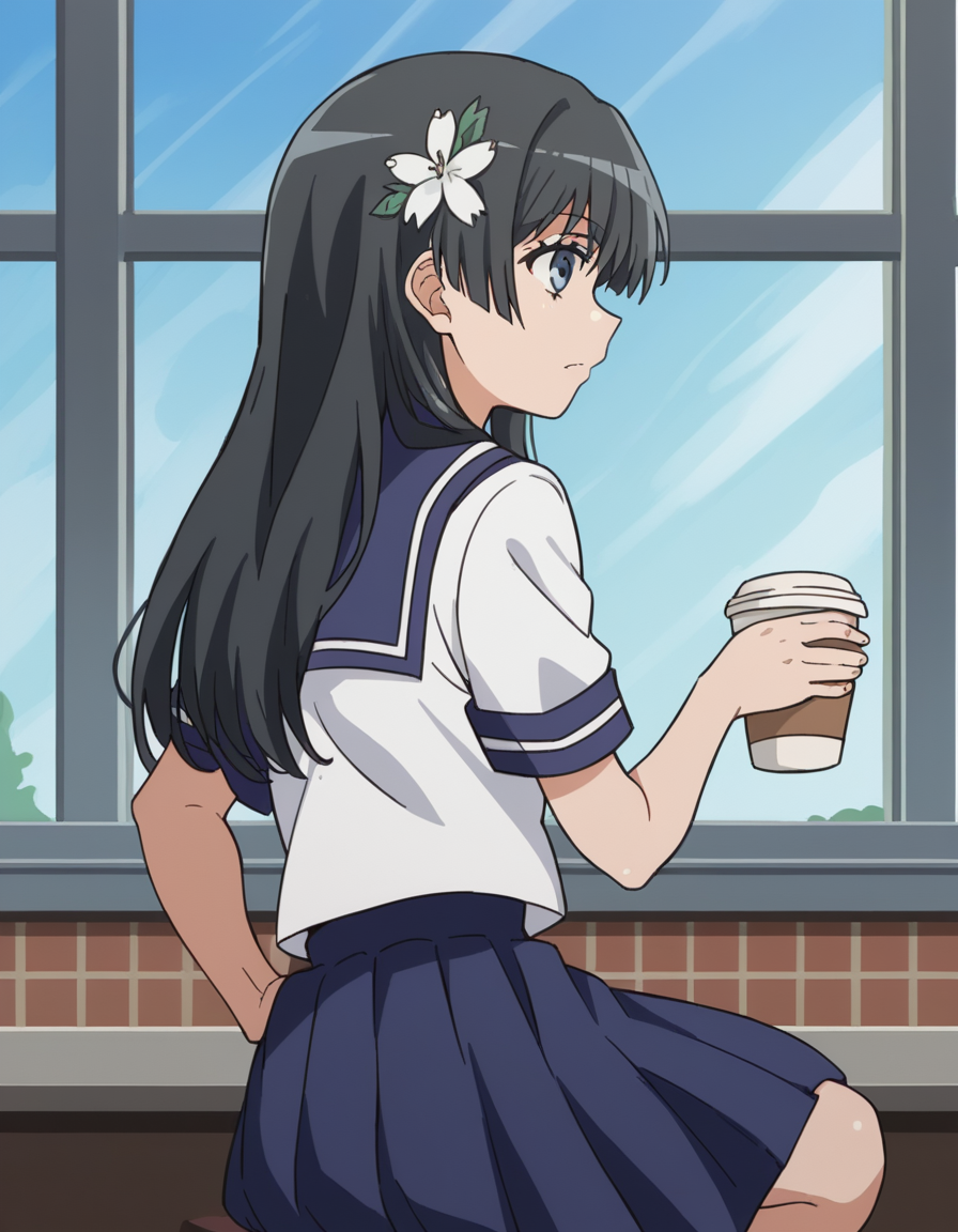 score_9, score_8_up, score_7_up, source_anime, <lora:saten-ruiko-s3-ponyxl-lora-nochekaiser:1>, saten ruiko, black hair, blue eyes, long hair, hair ornament, flower ornament,, blue skirt, pleated skirt, sakugawa school uniform, school uniform, serafuku, skirt, summer uniform,, cafe, coffee cup, barista, sitting down, talking, relaxing, sunlight through window, , , elbow bent, foot crossed, hand on hip, solo,, cowboy shot, dutch angle