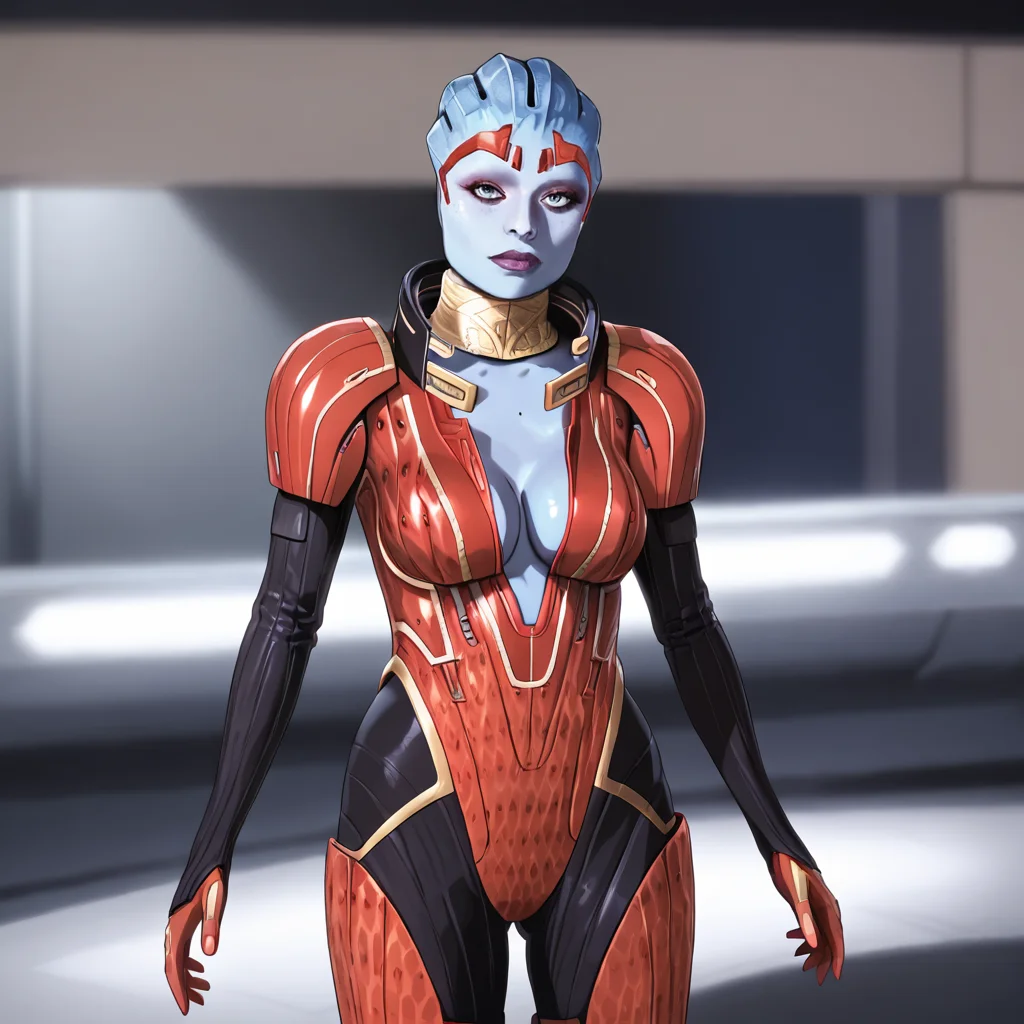 <lora:SamaraMassEffect2_pony_v1:1>  SamaraMassEffect, 1girl,solo,  alien, medium breasts, colored skin, bodysuit, cleavage, center opening, lips, cowboy shot, looking at viewerr