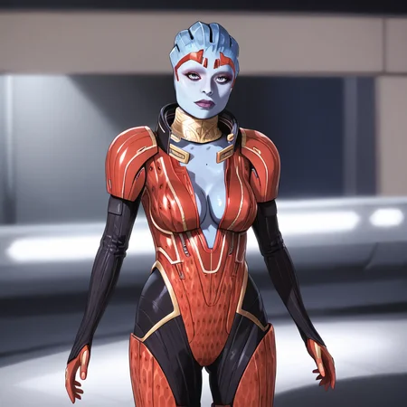 <lora:SamaraMassEffect2_pony_v1:1>  SamaraMassEffect, 1girl,solo,  alien, medium breasts, colored skin, bodysuit, cleavage, center opening, lips, cowboy shot, looking at viewerr