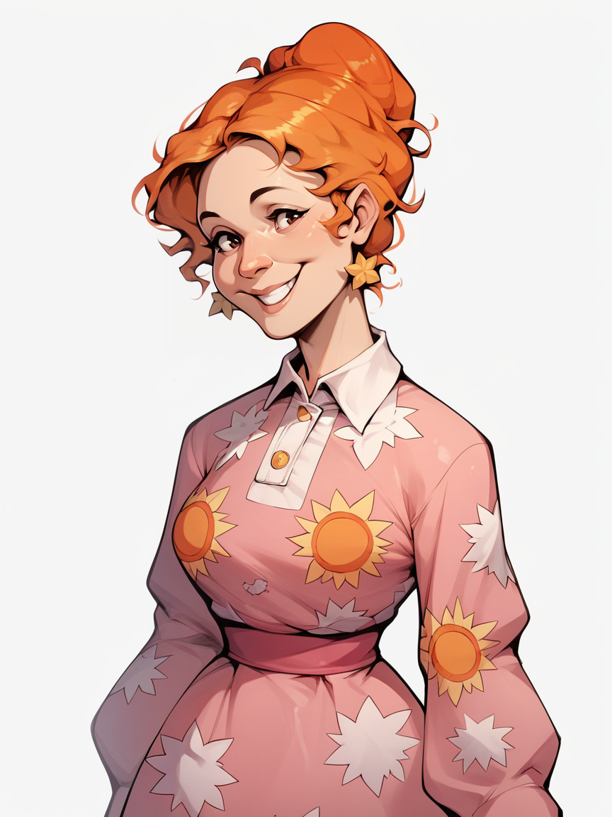 score_9, score_8_up, score_7_up, score_6_up, score_5_up,    <lora:msfrizzleXLP:0.8> ms frizzle, orange hair, 1girl, solo, smile, single hair bun, pink print dress, curvy, white background,