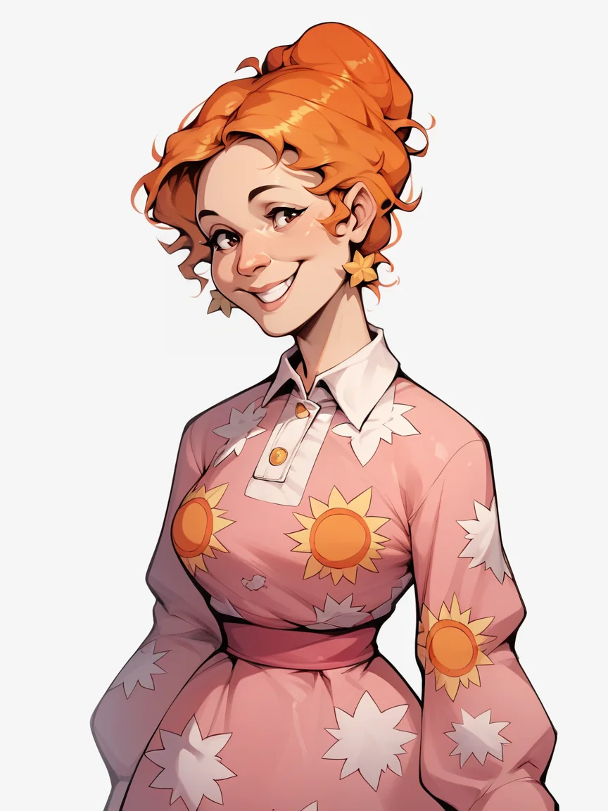 score_9, score_8_up, score_7_up, score_6_up, score_5_up, <lora:msfrizzleXLP:0.8> ms frizzle, orange hair, 1girl, solo, smile, single hair bun, pink print dress, curvy, white background,