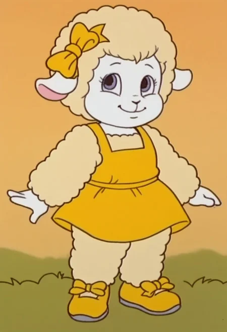 Woolma, 1girl, solo, sheep girl, wool, yellow dress, yellow bow, yellow shoes, standing, looking at viewer, smiling