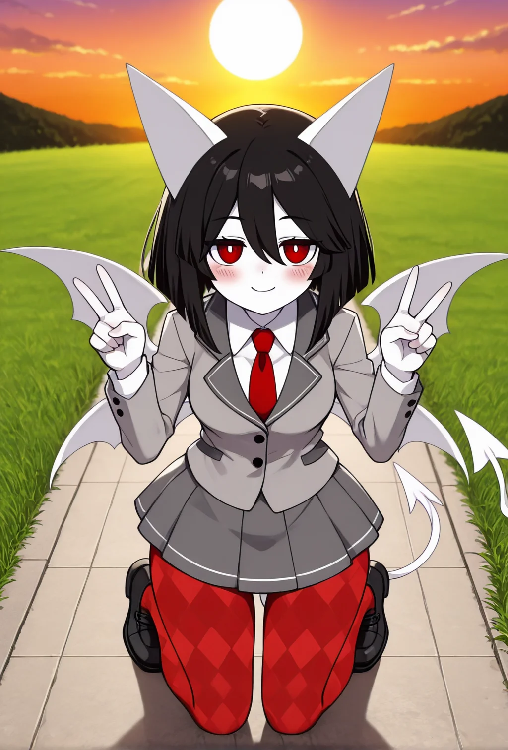 masterpiece, best quality, superior quality, amazing quality, maximum quality, ultra-detailed, detailed face, detailed hands, highly detailed eyes, highest resolution, high res, absurd res,1girl, arbusokeg,animal ears,black hair,demon tail,demon wings,hair between eyes,white_horns,white skin, argyle legwear,black footwear,collared shirt,grey jacket,grey skirt,long sleeves,miniskirt,necktie,red eyes,red necktie,red pantyhose,school uniform,white pupils,white shirt,kneeling_down,v,smile,eyes_half_closed, ((medium_breasts)), wide_hips,looking_at_viewer,from_above,side_view,dutch_angle,outdoors,sunset backgrond,grass,anime screencap,anime coloring,sky,sun,blush