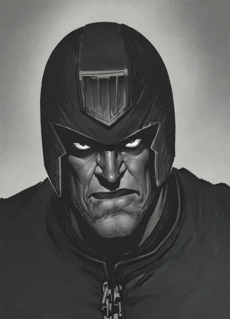 pencil drawing, man,jdgdrddcom, helmet, uniform, boots, grim expression, dark room, dark, hard shadows, monochrome, hard light, portrait,
<lora:Judge_Dredd_Comic_Style_Pony_SDXL:0.8> <lora:Dark_Novel:0.8>, score_9, score_8_up, score_7_up,