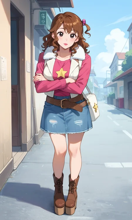 (1girl:1.5), (solo:1.3), (score_9, score_8_up, score_7_up, score_6_up, score_5_up, score_4_up), (source_anime), rating_questionable,
<lora:kutsuzoko-atsuko_v3:0.8> (kutsuzoko-atsuko), (hair between eyes, black eyes, one side up, hair beads, brown hair, medium hair, curly hair, pink lips, lipstick), (large breasts),
(white vest, fur collar, open clothes, dark pink shirt, star \(symbol\), long sleeves, brown belt, loose belt, denim skirt, miniskirt), brown footwear, platform footwear, boots, white shoulder bag,
outdoors, residential area, crossed arms, cross arms in front, under breasts, full body,