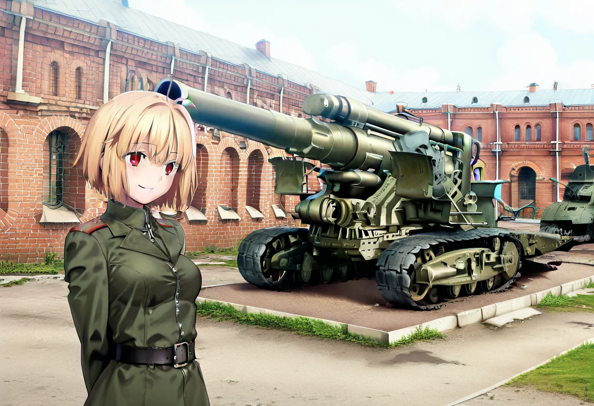 masterpiece, best quality, absurdres, detailed skin, detailed eyes, anime colored, anime screencap,
outdoors, ruined city,
AND <lora:Arcueid_Tsukihime-Remake_ilibibu_IL-v1:1>, arcdefault, 1girl, solo, red eyes, blonde hair,
<lora:Soviet_Military_Uniform:0.3> Soviet Military uniform, belt, upper body, looking at viewer, smile,
AND <lora:B4_203mm_Howitzer:1>, B4howitzer,